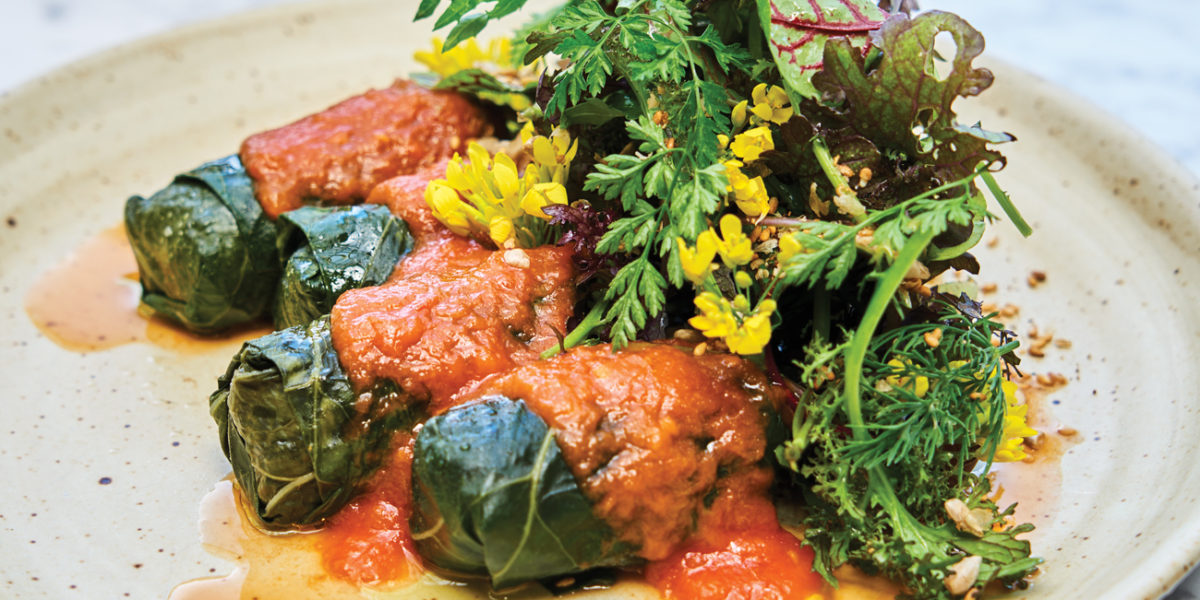 Stuffed Collard Greens with Beet Merguez and Sunflower Seed Dukkah Recipe - Sunset Magazine