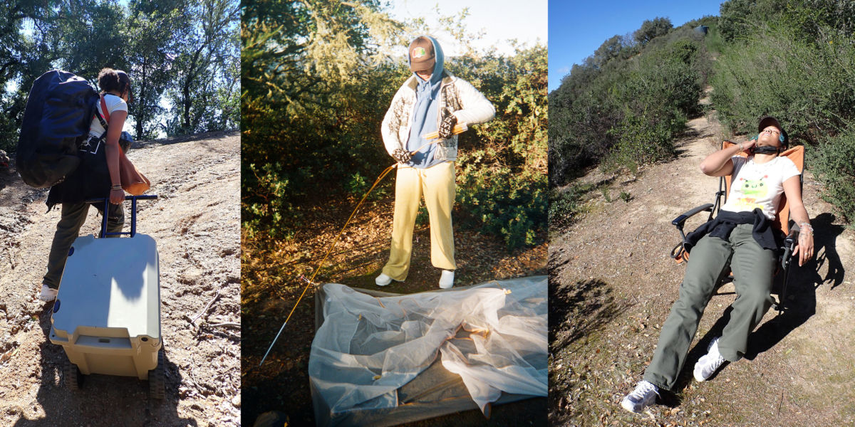 A triptych of images showing assistant editor Magdalena O'Neal lugging a cooler up a dirt trail, fiddling with a tent, and collapsed on a camp chair.