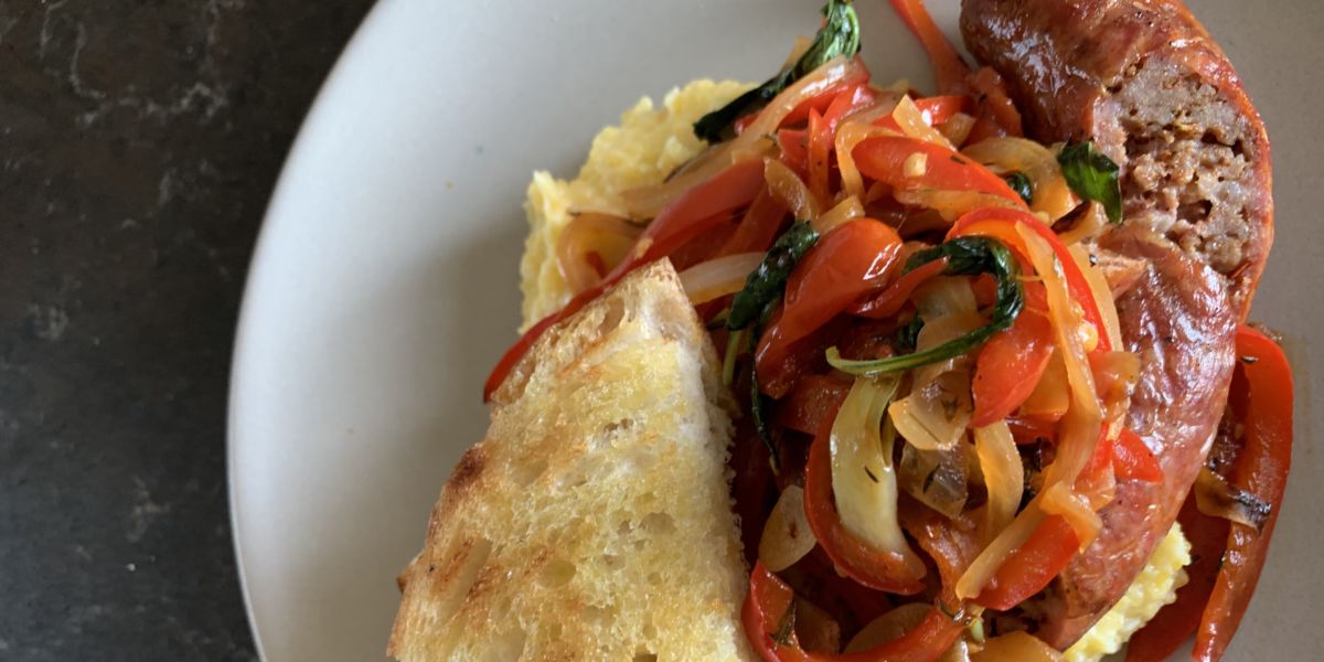 Sausage & Peppers with Polenta & Grilled Toast Recipe - Sunset Magazine