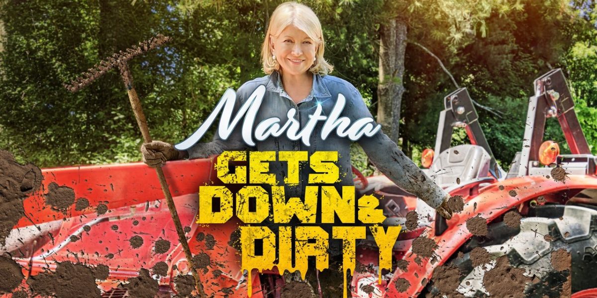 Image of Martha Stewart Gets Down and Dirty promotional cover with Martha Stewart holding a rake and standing in front of a car.