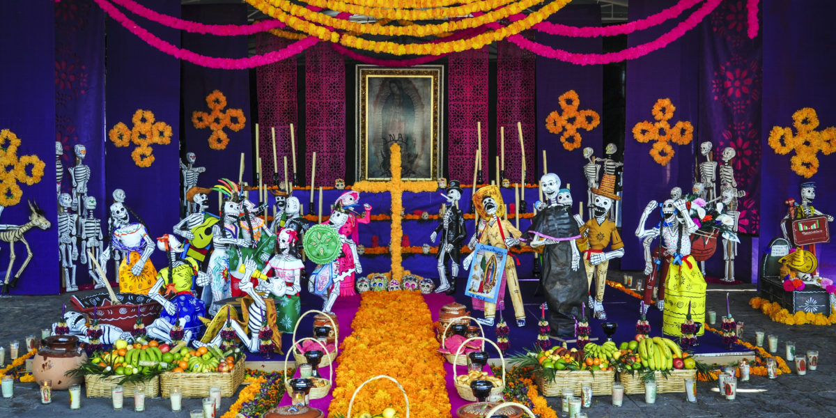 The Dia de los Muertos altar was on Display at the Basilica of Our Lady of Guadalupe in Mexico City, Mexico. This altar is dedicated as reverence to Our Lady of Guadalupe and rememberance of deceased love ones.