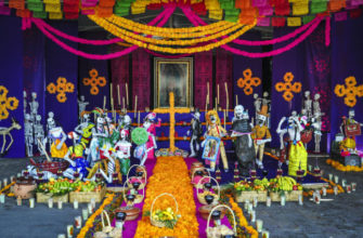 The Dia de los Muertos altar was on Display at the Basilica of Our Lady of Guadalupe in Mexico City, Mexico. This altar is dedicated as reverence to Our Lady of Guadalupe and rememberance of deceased love ones.