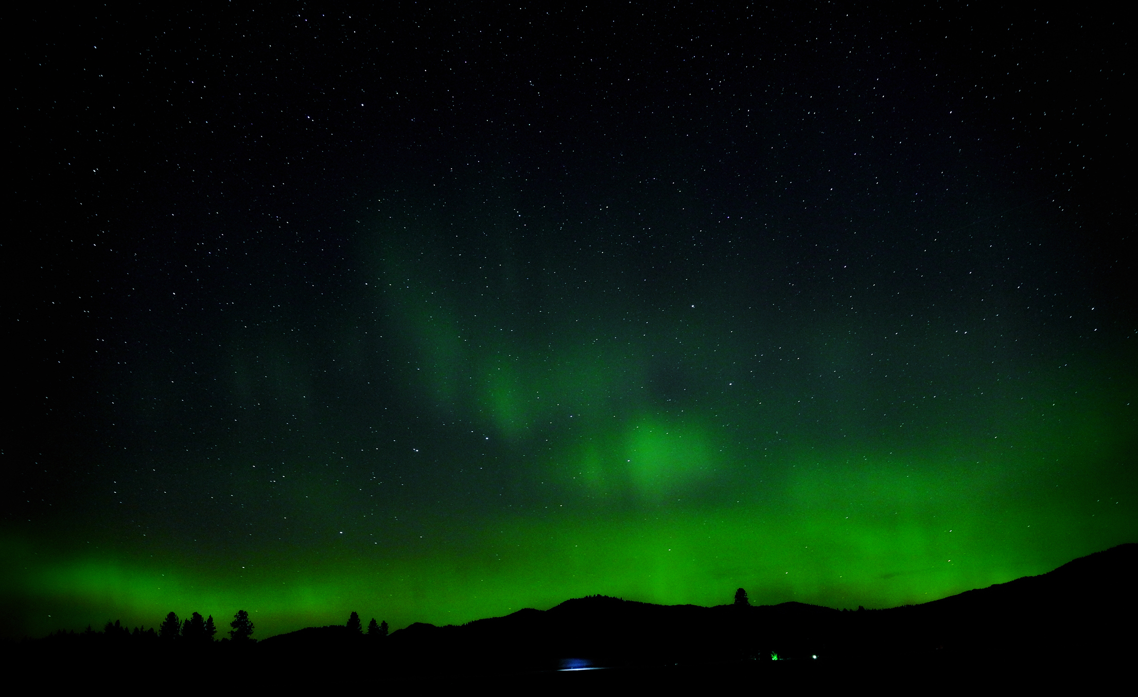 Low-angle view of aurora borealis in Idaho at night