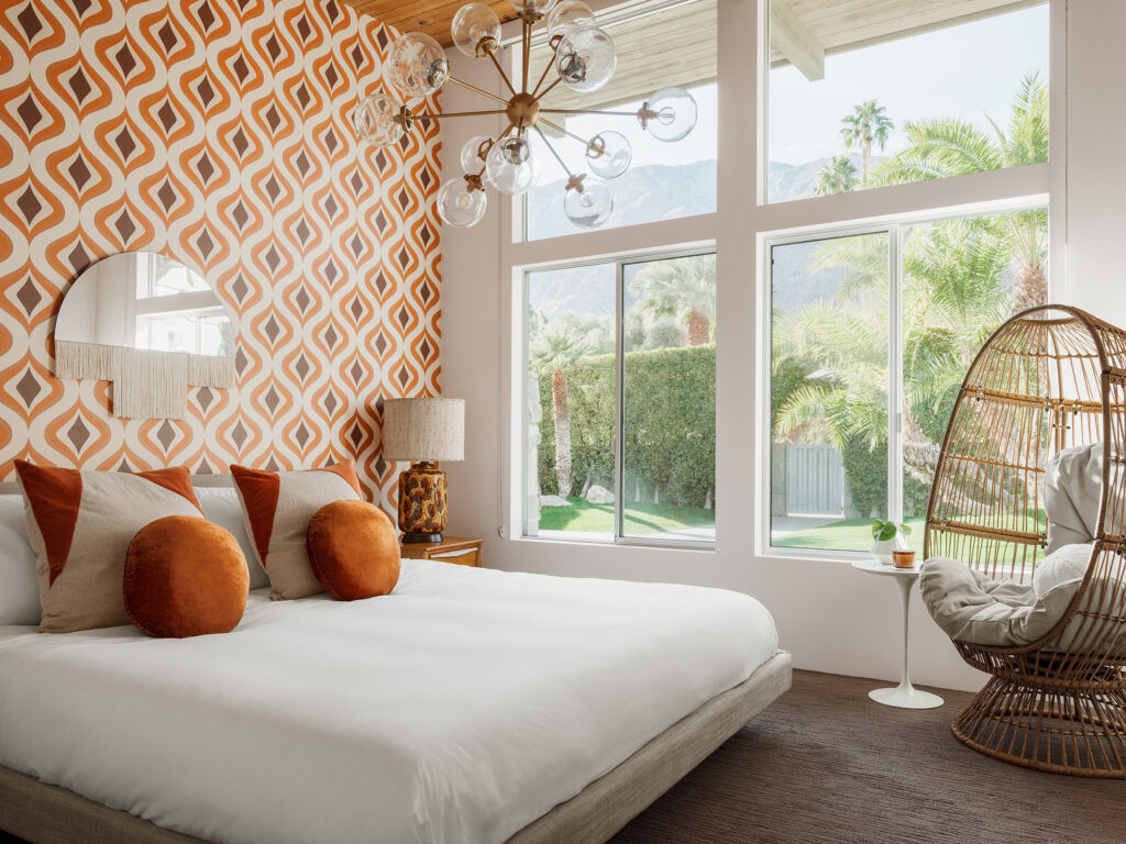 Orange Wallpaper Bedroom in Palm Springs by Michelle Boudreau Design