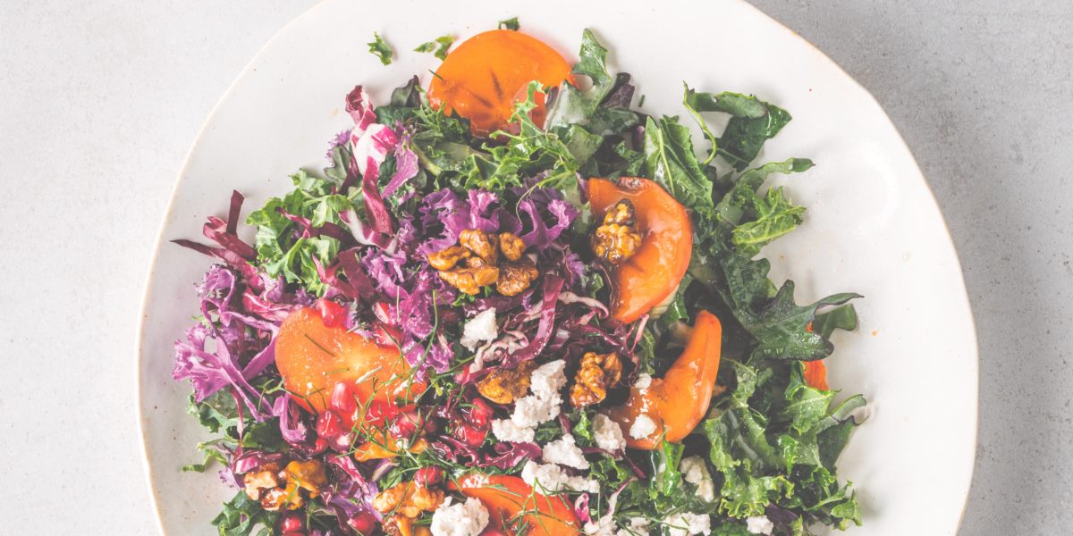 Shaved Kale, Persimmon, and Pomegranate Salad with Fig Balsamic Dressing Recipe - Sunset Magazine