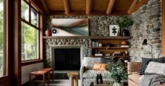 Living Room with River Stone Hearth