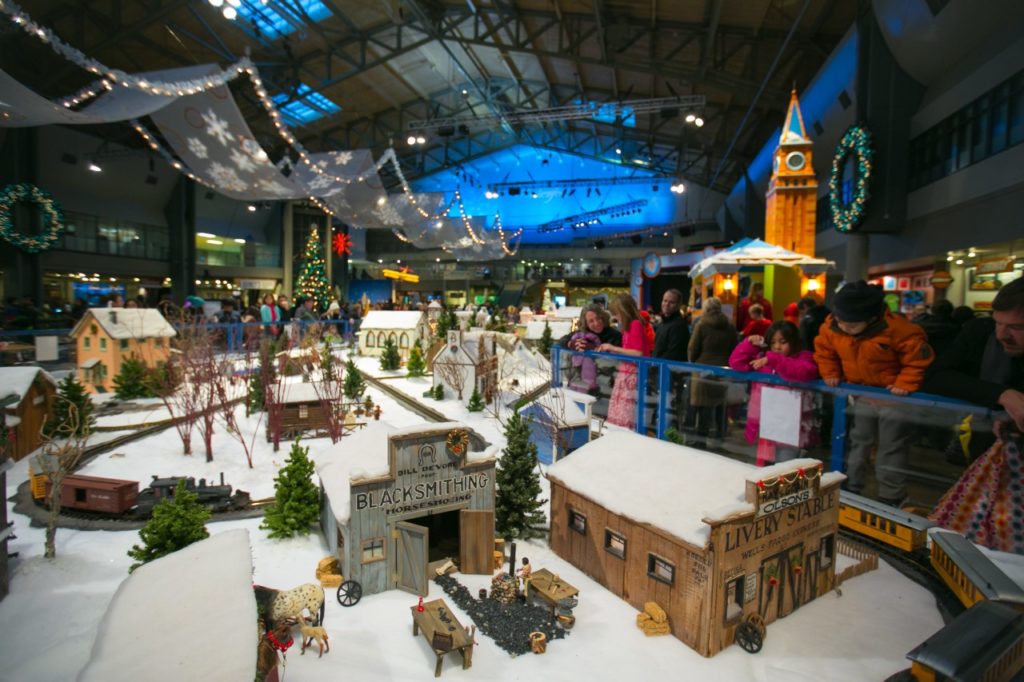 model train and christmas village at seattle winterfest