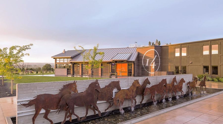 Exterior of 14 Hands Winery at Sunset with horse mural in Prosser's secret wine country