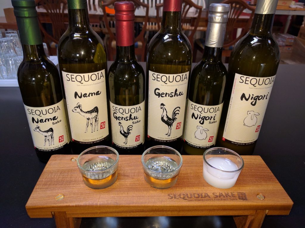 Sequoia Saké bottles shown with tasting flight
