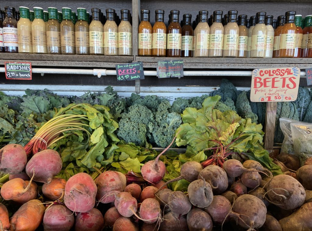 Beets and salad dressings at Snow Goose Produce stand near Seattle