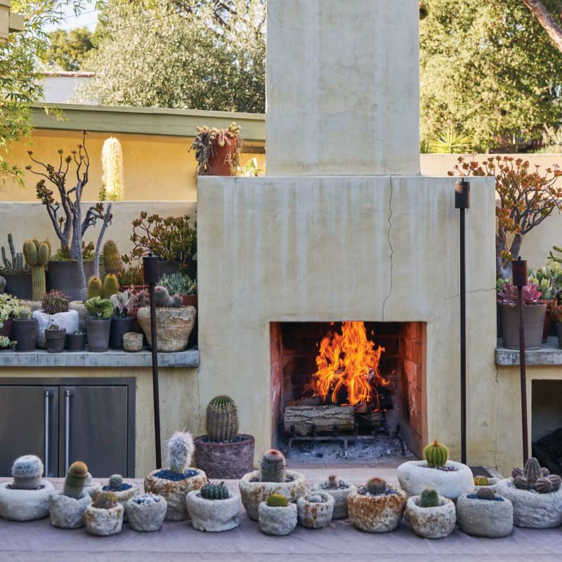 Outside fireplace with succulents