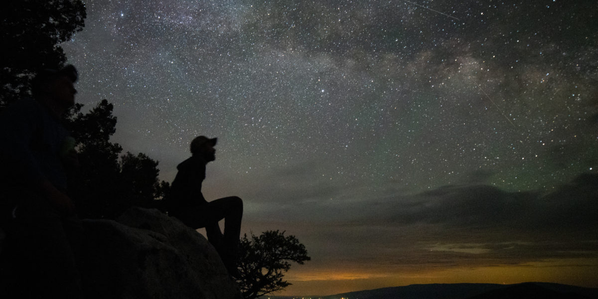 silhouette of person looking into a starry night sky