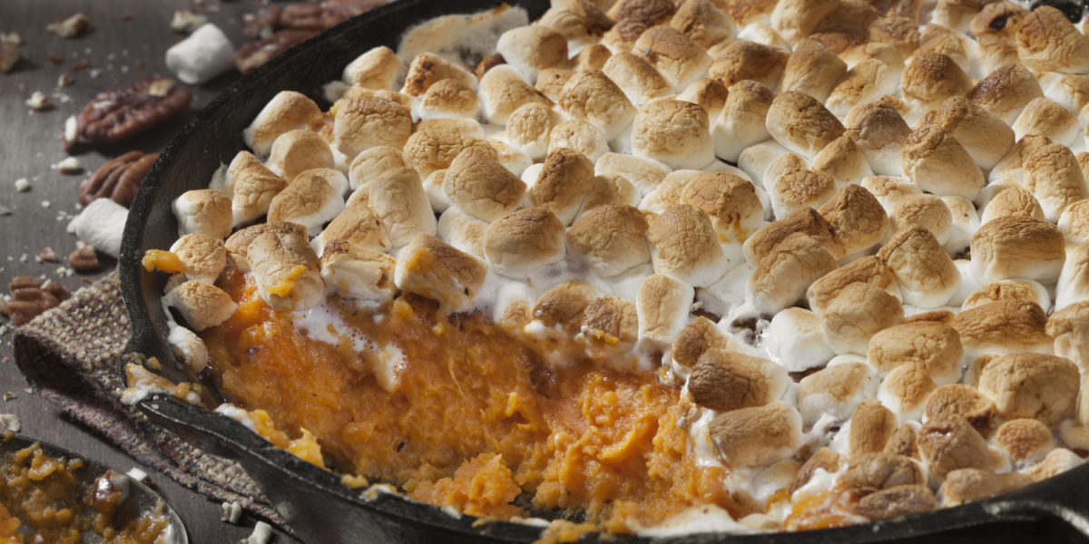 Sweet Potato Casserole with Pecans and Marshmallows