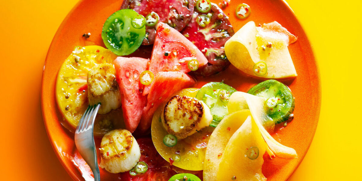Tomato & Melon Salad & Scallops & Pink Peppercorns Recipe – Sunset Magazine