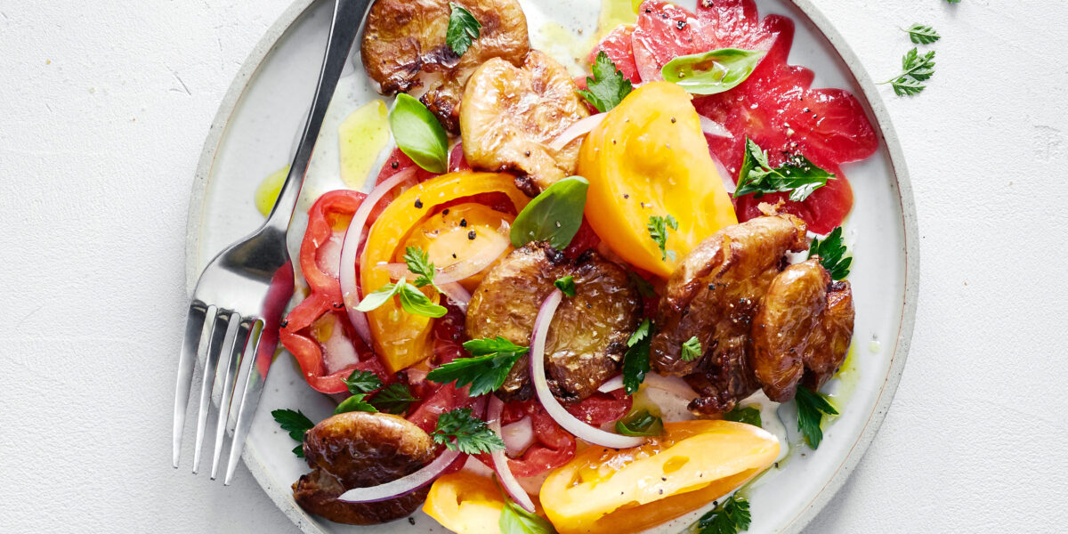 Tomato Salad with Crispy Potatoes and Creamy Feta Recipe – Sunset Magazine