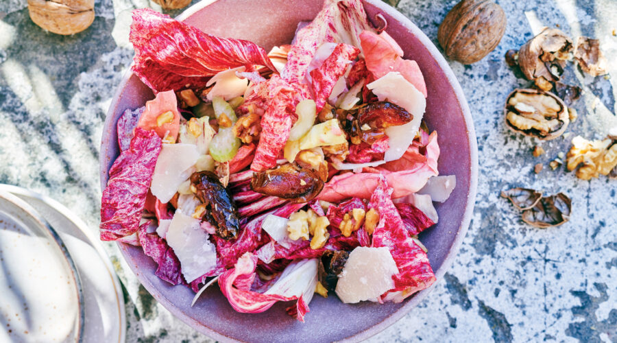 Chicories with Dates and Parmesan Walnut Vinaigrette