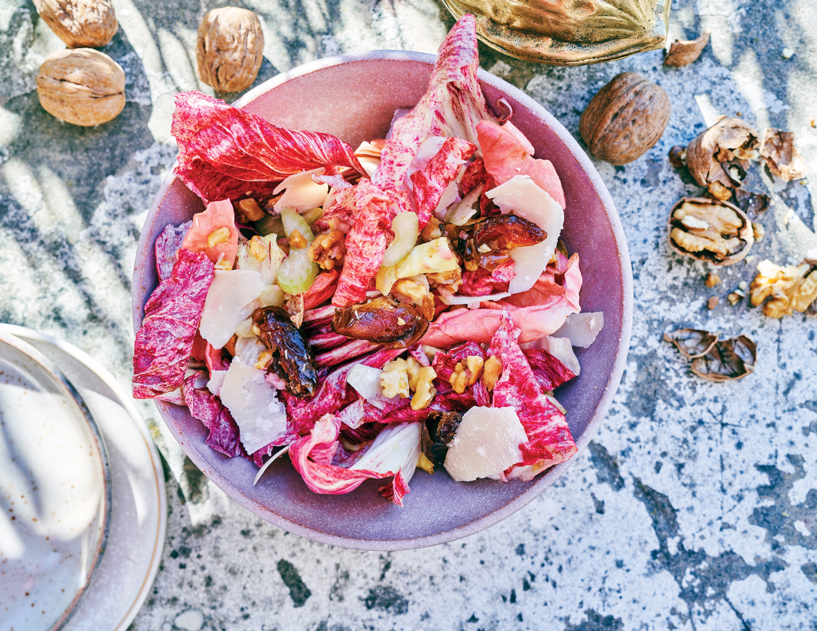 Chicories with Dates and Parmesan Walnut Vinaigrette
