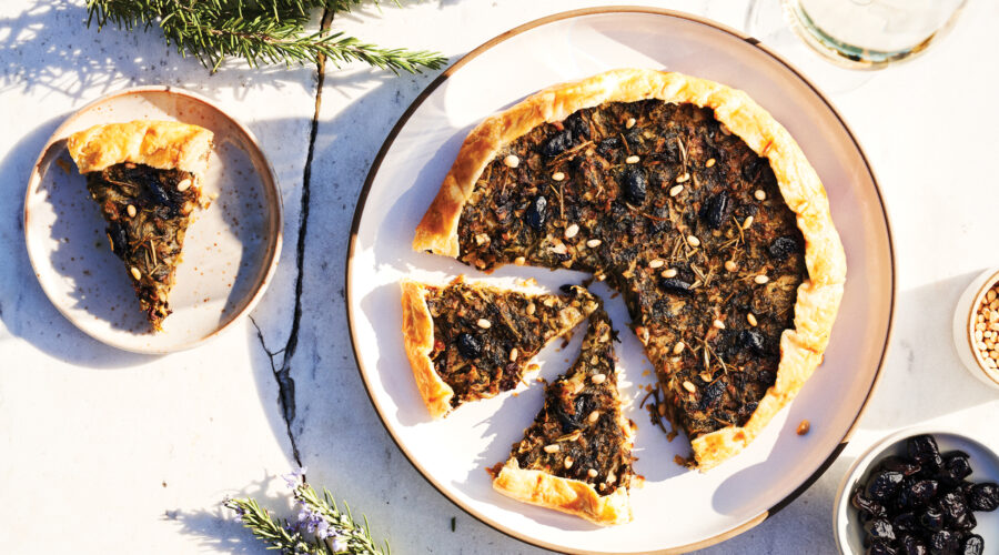 Escarole Galette with Black Olives and Pine Nuts