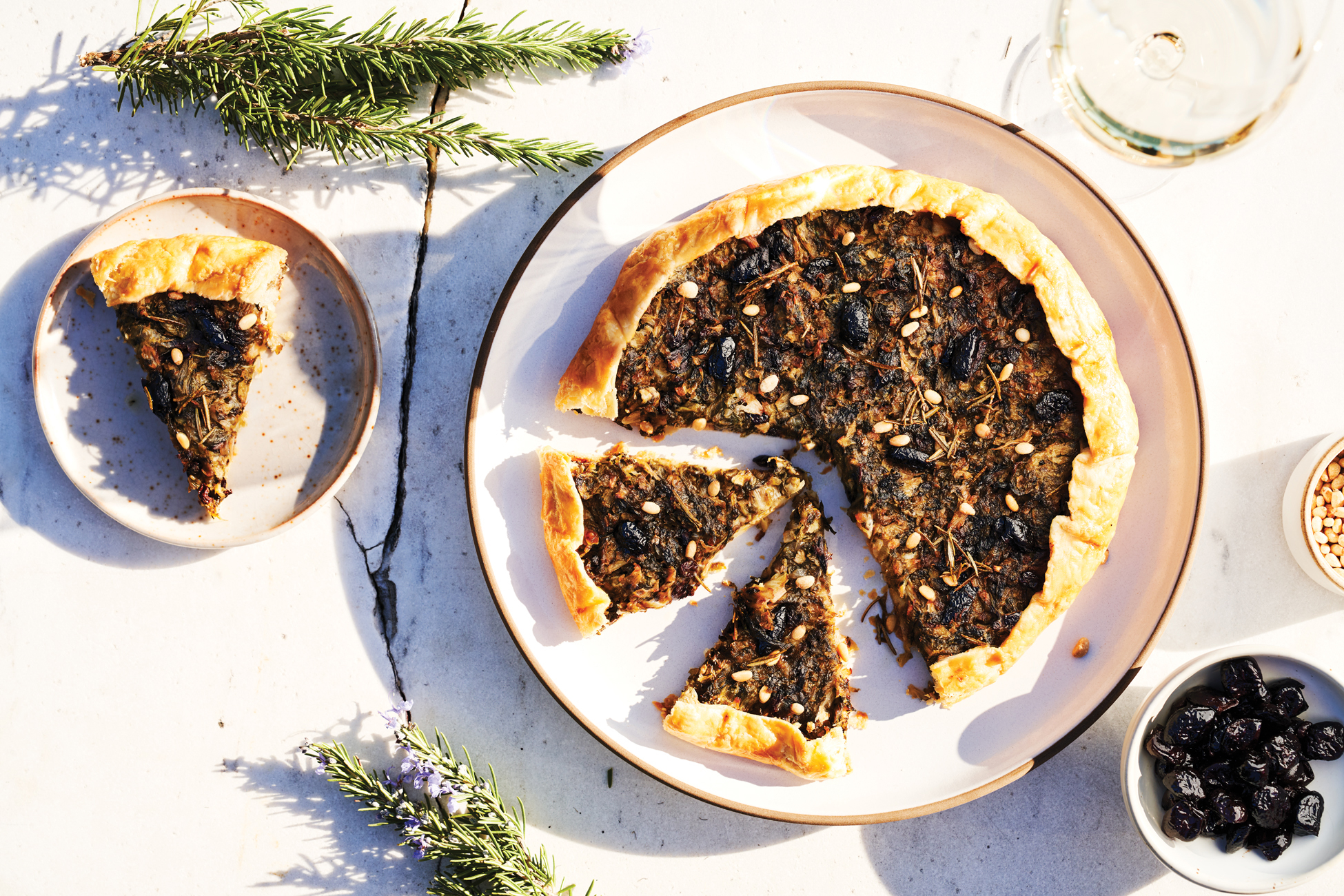 Escarole Galette with Black Olives and Pine Nuts