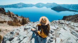 Woman in a Hat on a Rock Overlooking Crater Lake