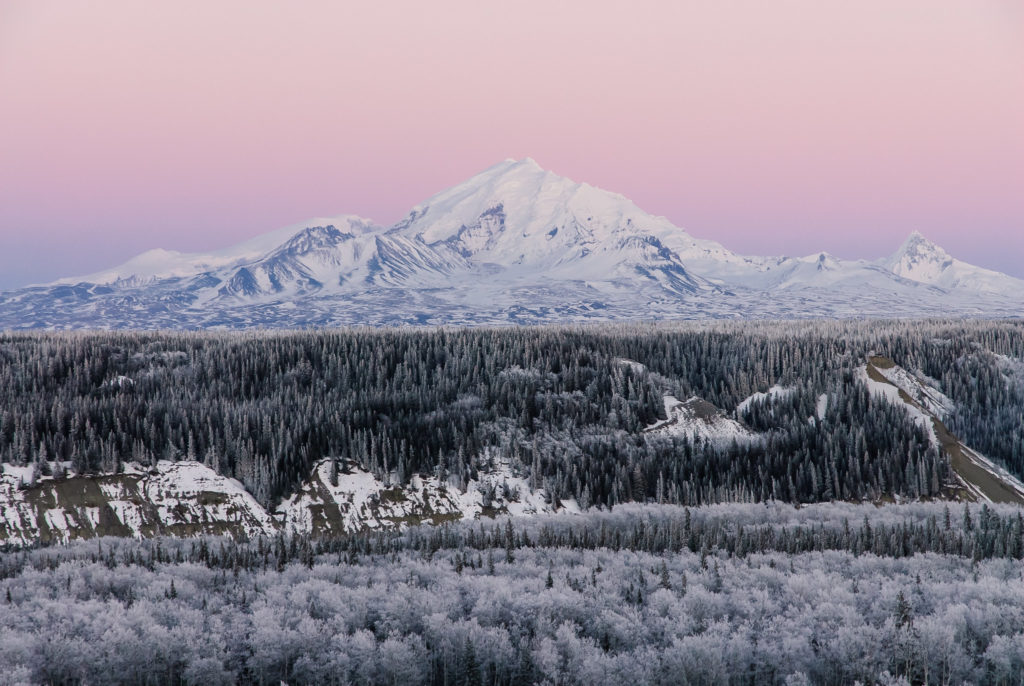 Wrangell-St. Elias mountain covered in snow in the UNESCO-recognized Alaska park