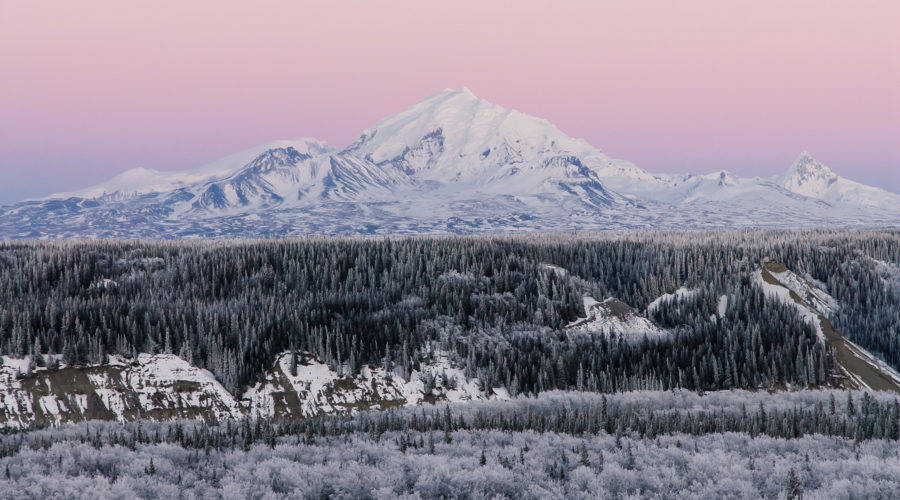 Wrangell-St. Elias mountain covered in snow in the UNESCO-recognized Alaska park