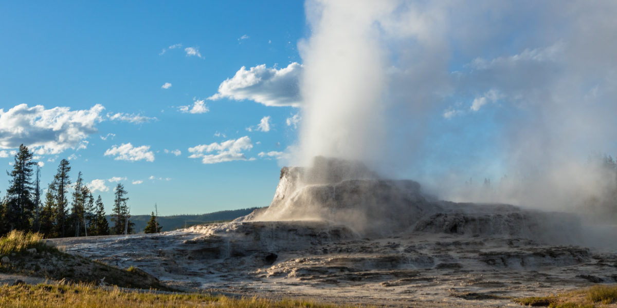 Castle Geyser late evening eruption at Yellowstone, a UNESCO-recognized national park