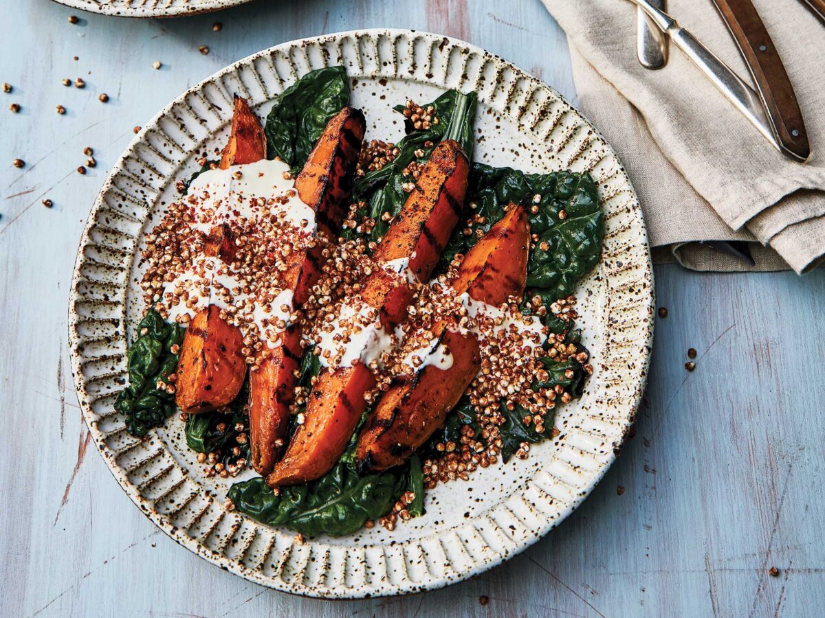 Grilled Sweet Potatoes, Kale, Garlicky Yogurt, and Puffed Buckwheat, image size:1200x900