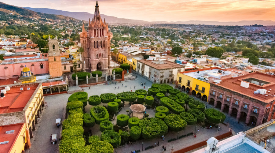 Aerial view of San Miguel de Allende plaza with church