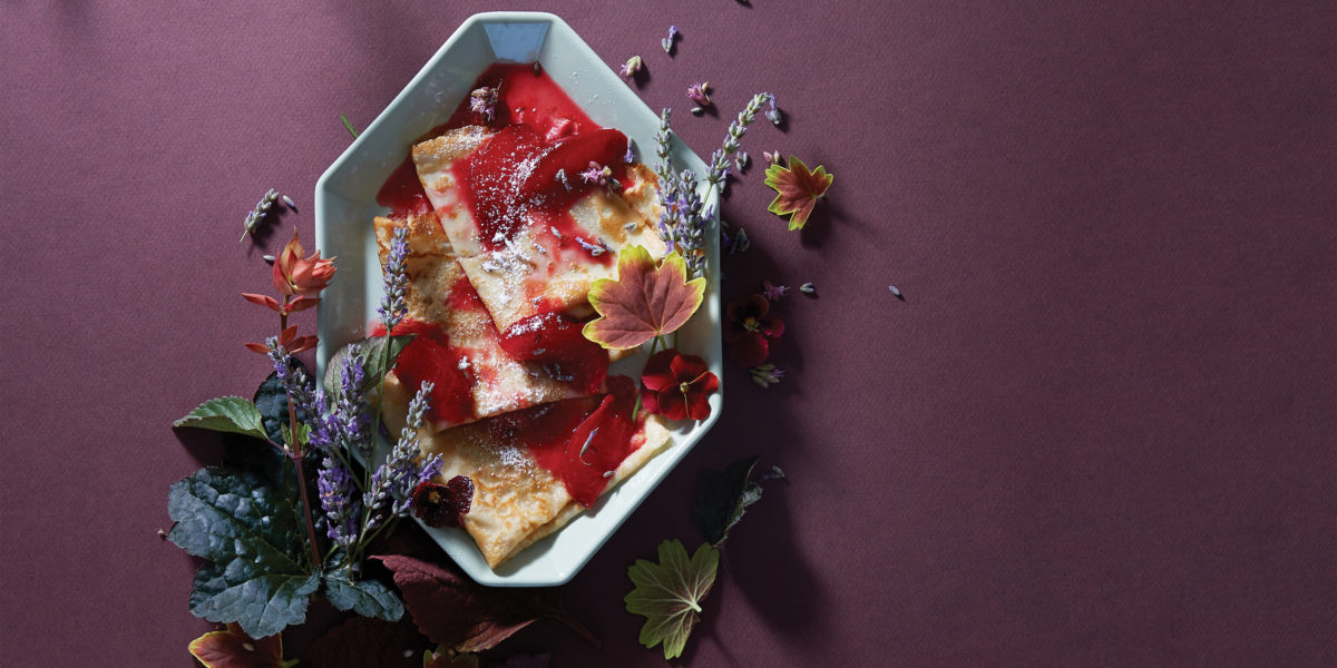 Lavender Crepes with Lavender Pluot Sauce recipe from Floral Provisions cookbook