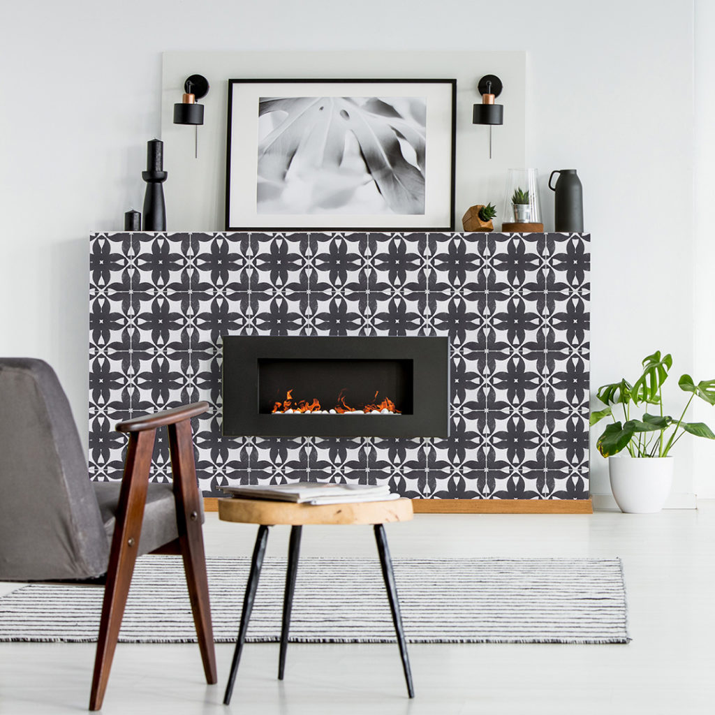 Modern fireplace black and white tile