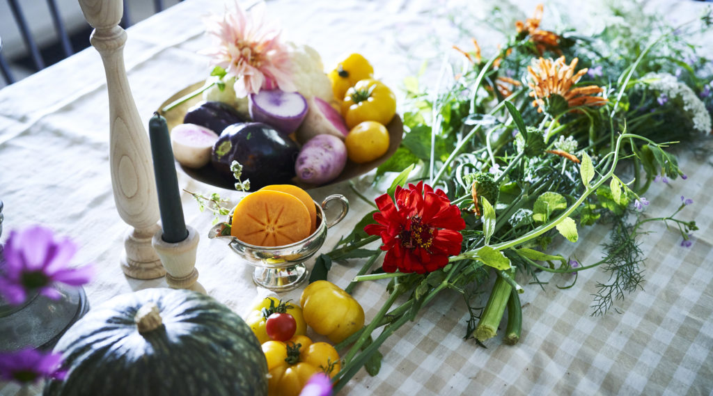 Vegetables and flowers in fall centerpiece