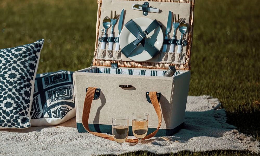 West Elm Park Picnic Basket 12 Piece Set in field with throw pillows and blanket.