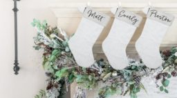 personalized white stockings hanging from mantle