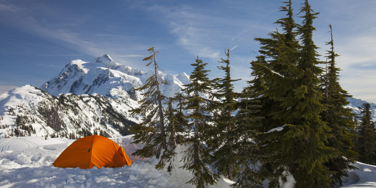 Camping tent in winter in Cascades, Washington State