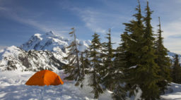 Camping tent in winter in Cascades, Washington State
