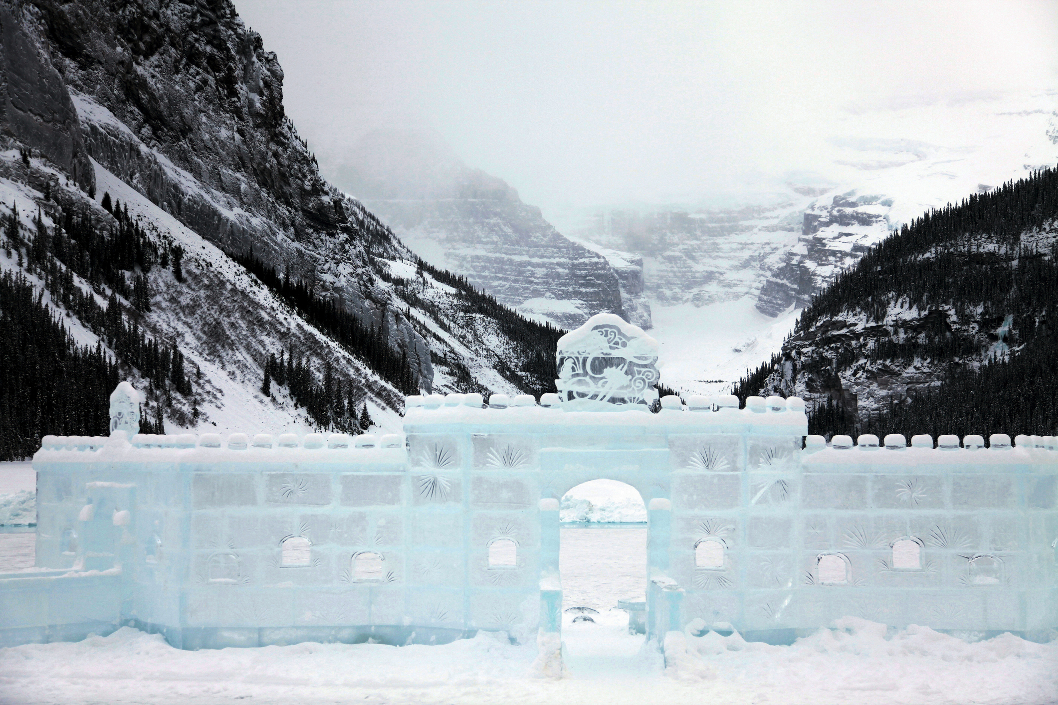 Ice sculpture castle on Lake Louise in Banff