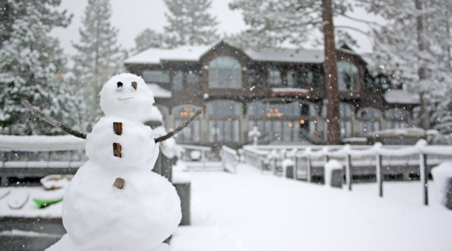 A snowman outside the Westshore Cafe & Inn in Homewood, CA