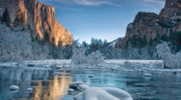 A sunrise over the Yosemite Valley floor coated with rime ice