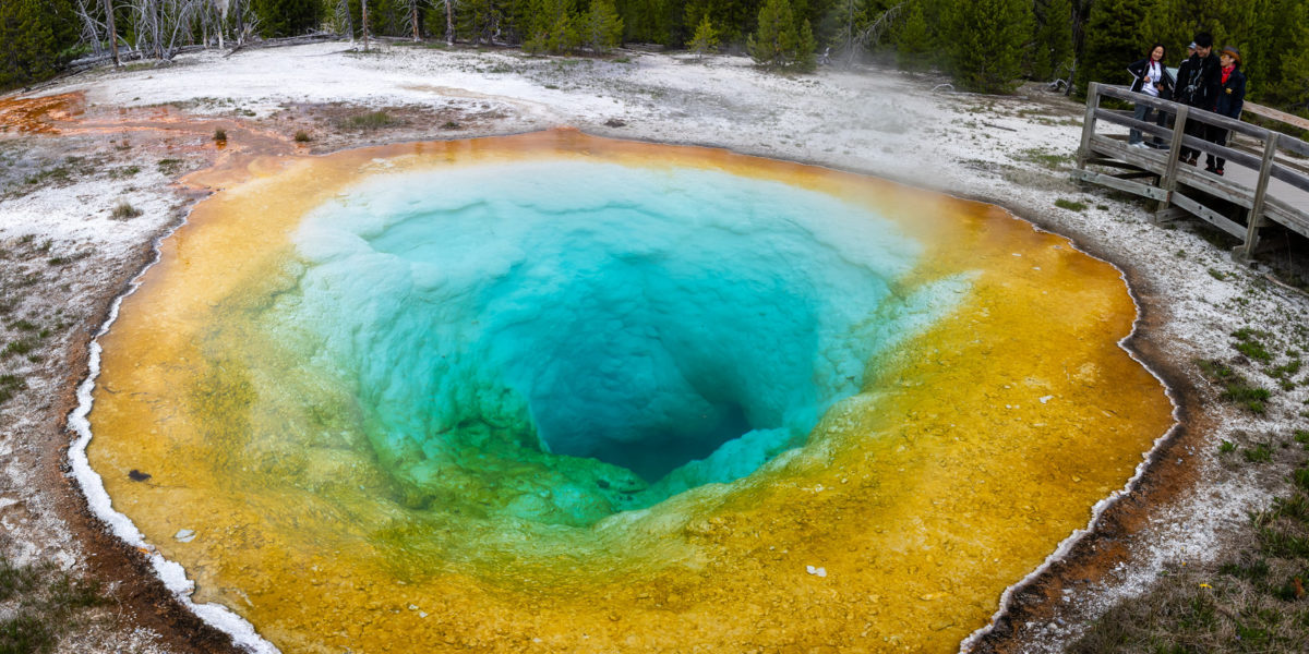 Morning Glory Pool, a must see in Yellowstone National Park, with people standing on a bridge looking at the colorful pool